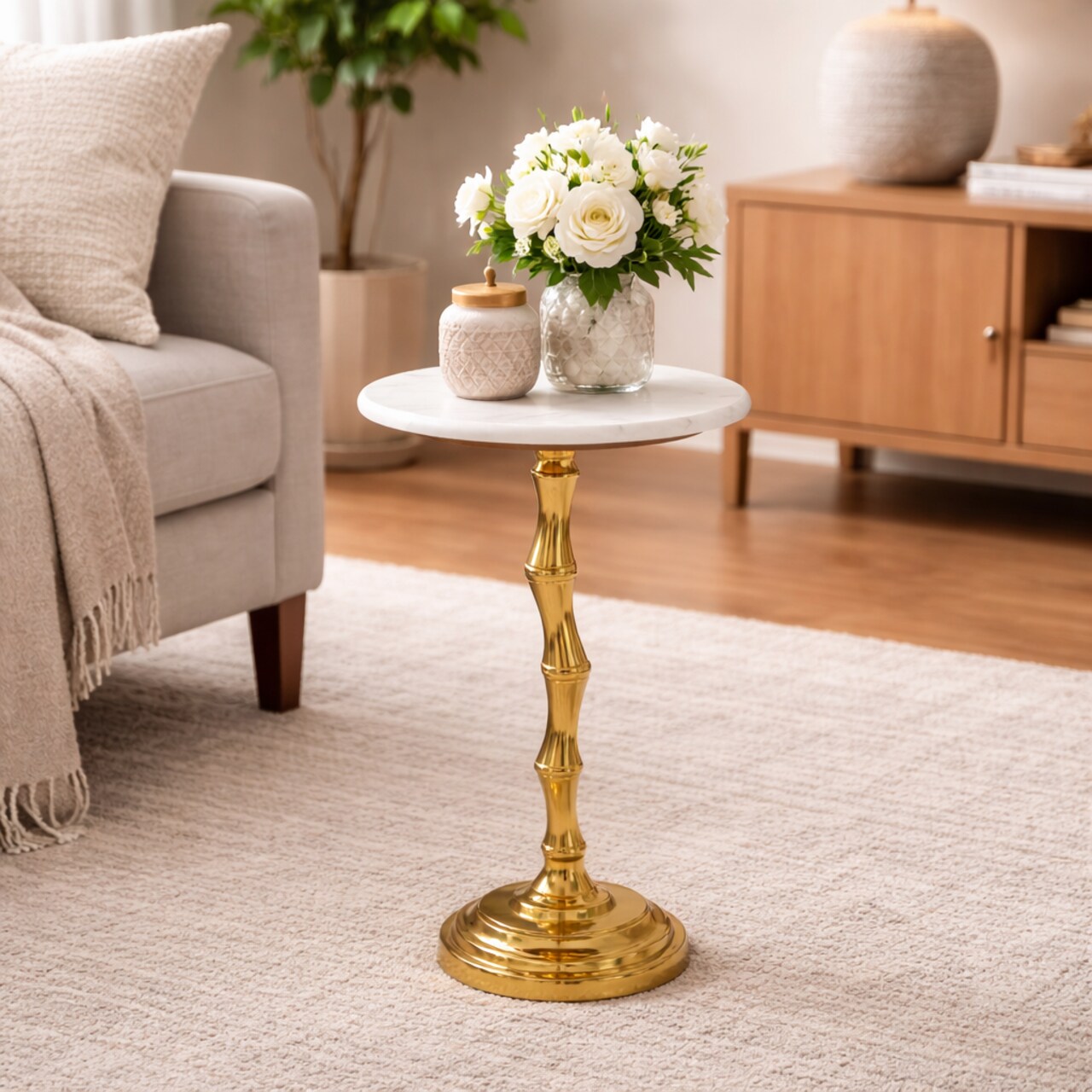 Gold Side Table with White Marble Top | Decorative Modern End Table | Bamboo Shape Aluminum Base | Accent Table for Living Room | 14x14x23.5"